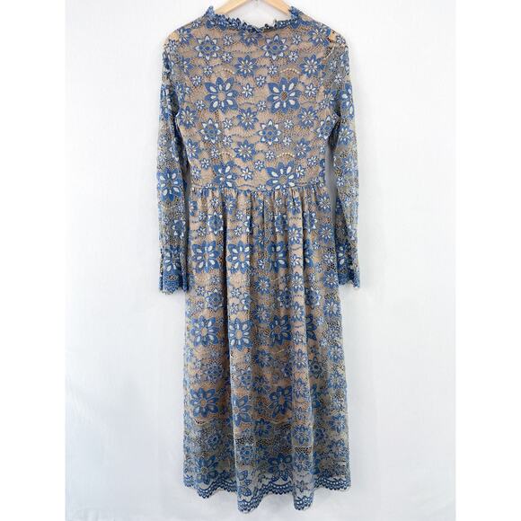 METISU Blue Lace Long Sleeve Midi Dress size Medium Peasant Boho Coquette - Picture 2 of 8